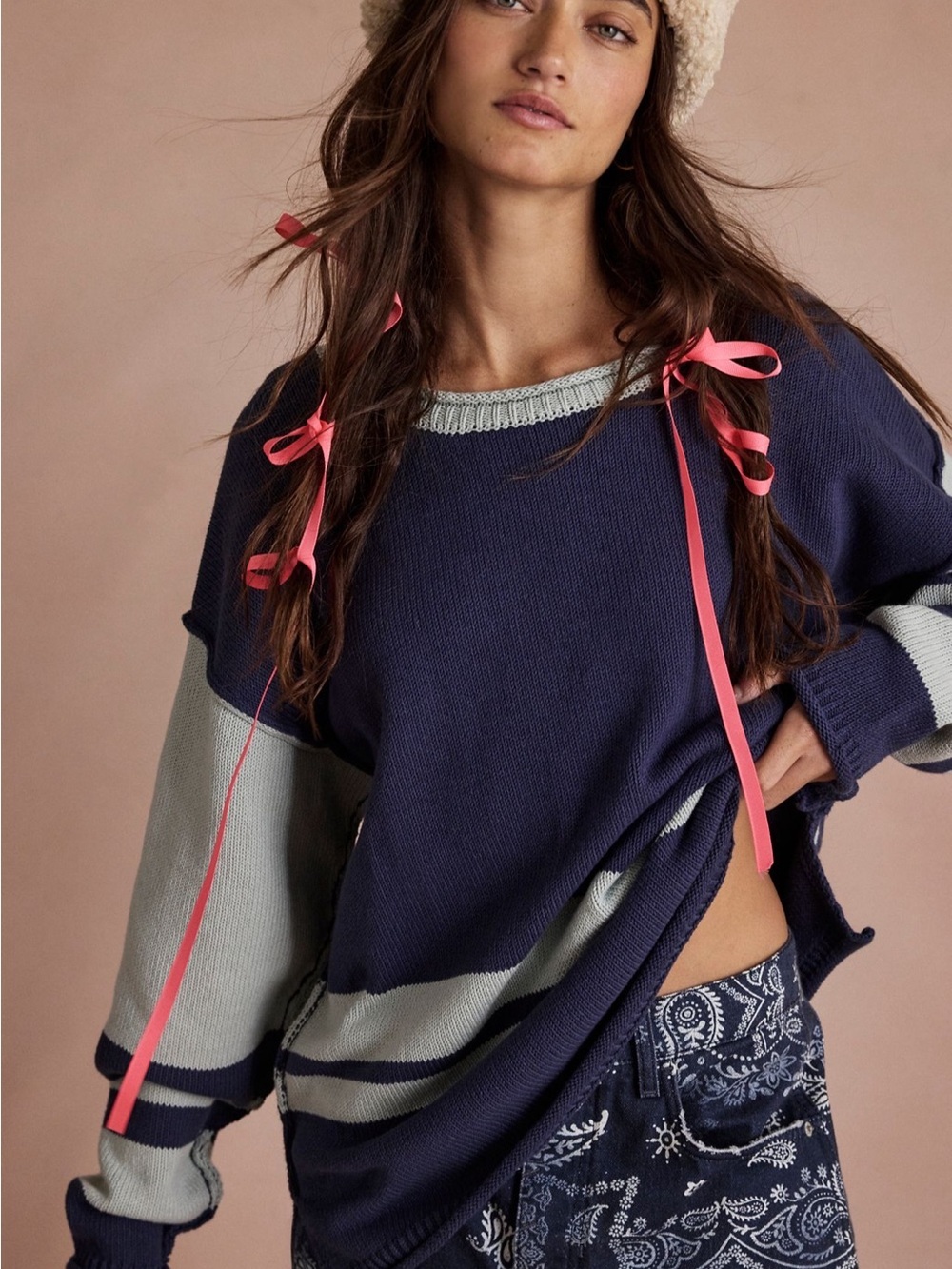 NWT Free People Ella Colorblock Roll Neck Knit Sweater in Blue Combo